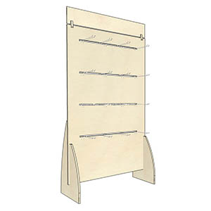 Espositore da terra in legno con fessure per i ganci, broches porta blister