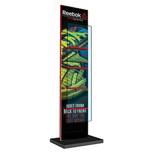 Totem da terra con ripiani e protezione vetrina in plexiglas trasparente per articoli sportivi