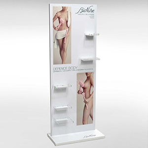 Espositore personalizzato da terra  con comunicazione e ripiani personalizzati in plexiglas