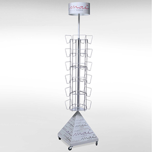 Totem in metallo da terra con base a piramide e porta cartoline depliant, girevole con ruote