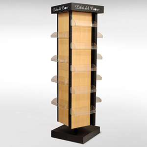 Espositore in metallo a torre da terra rotante con mensole in plexiglas trasparente