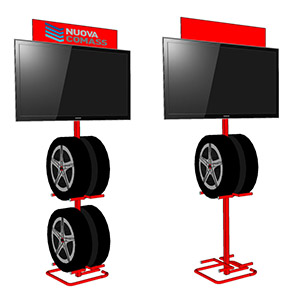 Espositore da terra per pneumatici, ruote, copertone, cerchio in lega con TV o monitor