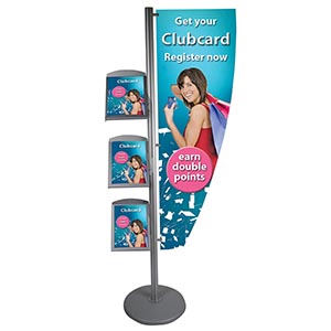 Totem con porta cartello vela e porta depliant per grandi vetrine