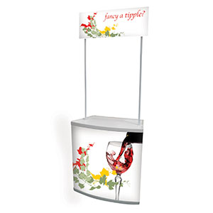 Banchetto promozionale con magazzino e crowner in PVC
